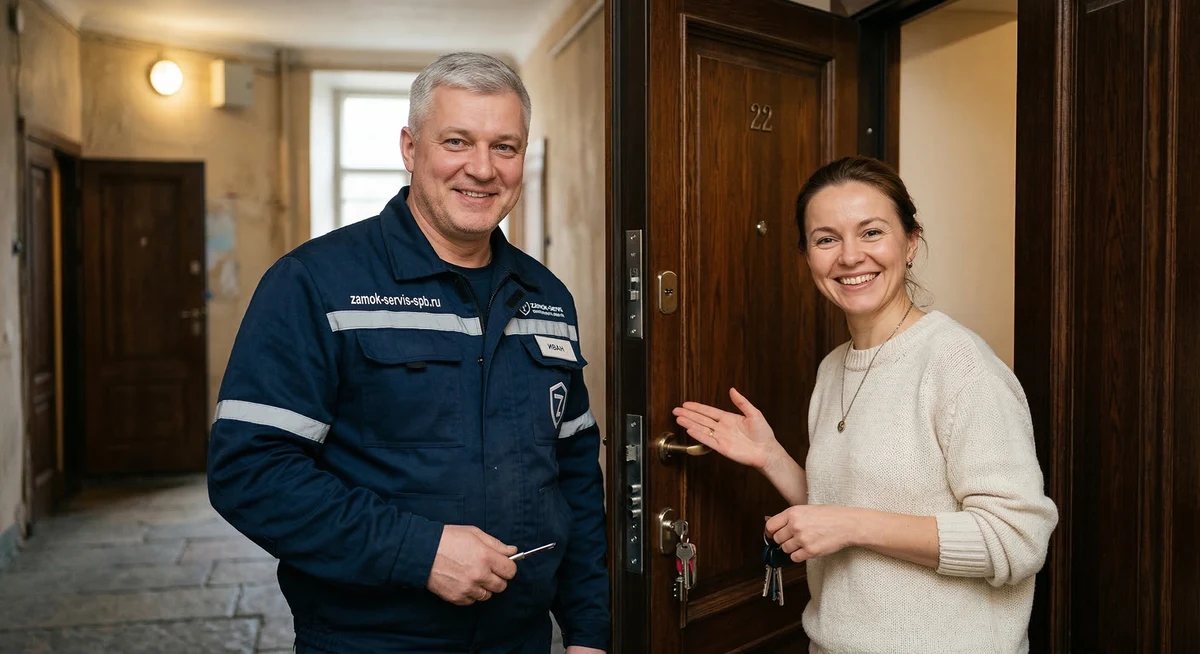 Мастер замочного сервиса с довольным клиентом у двери