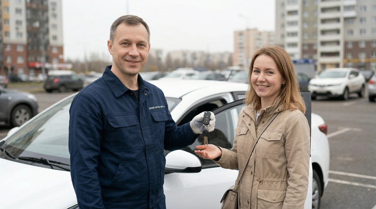 Мастер передаёт ключи довольной клиентке после вскрытия автомобиля