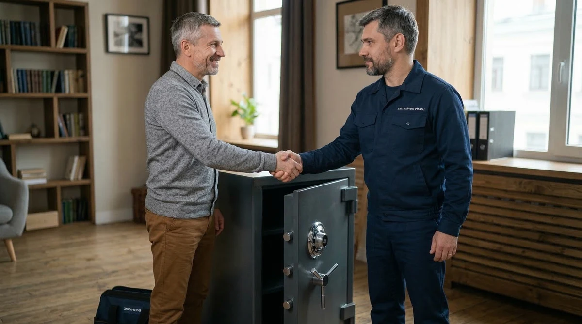 Мастер жмёт руку довольному клиенту после вскрытия сейфа